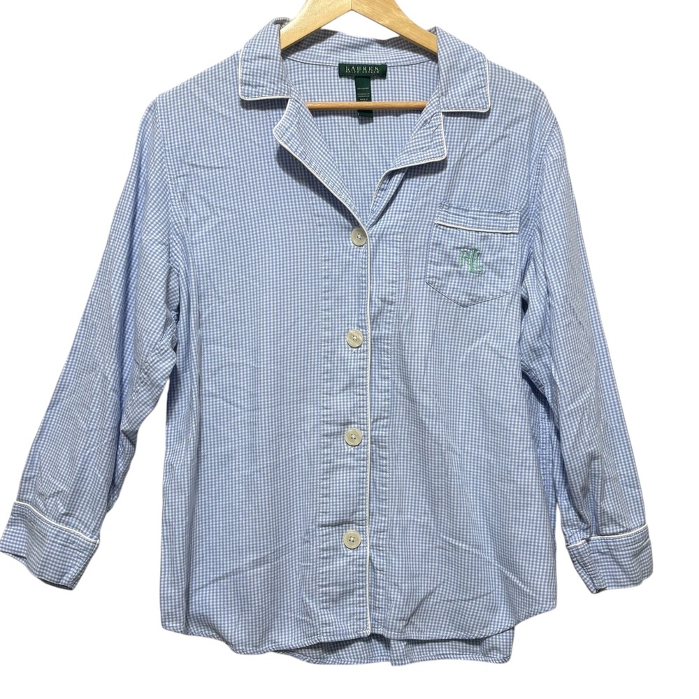 Lauren Ralph Lauren Women Pajama Top XL Blue Gingham Cotton Comfy Sleepwear Logo